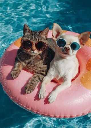 Cat and Chihuahua Floating Together on Inflatable Pool Ring